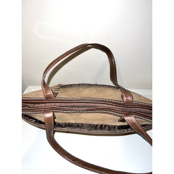 BOC Brown Faux Leather Double Handles Top Zipper Stitched Tote Bag - Picture 11 of 16